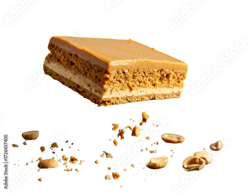  Delicious peanut butter cake slice in mid-air with flying crumbs and nuts PNG