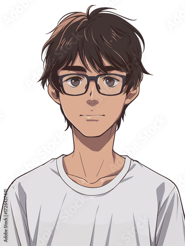 A young man stands confidently with a slight smile, wearing glasses and a plain white shirt. His hair is messy and dark, giving a casual look.