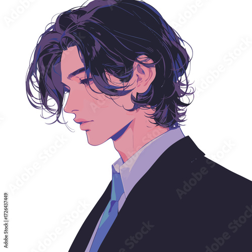 A young man with long dark hair styles in loose waves is dressed in a formal suit. He is posing thoughtfully, showcasing confidence and elegance.