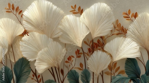 White palm frond pattern on sandy background