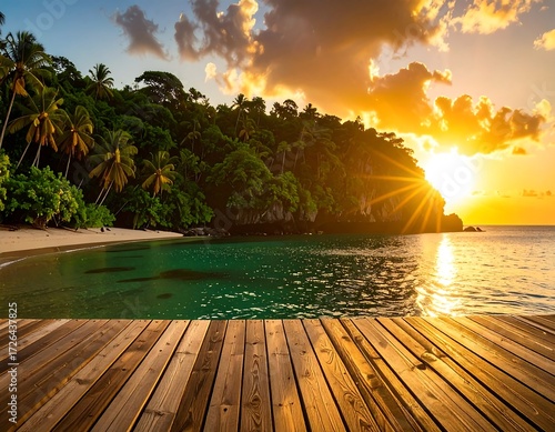 Tropical sunset over a secluded cove, viewed from a wooden dock