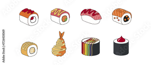 Variety of sushi dishes illustration