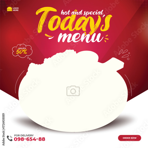 Delicious whole pizza with toppings displayed on a vibrant red background with menu text and ingredients