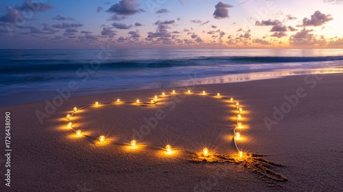 Fototapeta Naklejka Na Ścianę i Meble -  Romantic heart of lights on peaceful ocean beach at sunset for Valentine's Day
