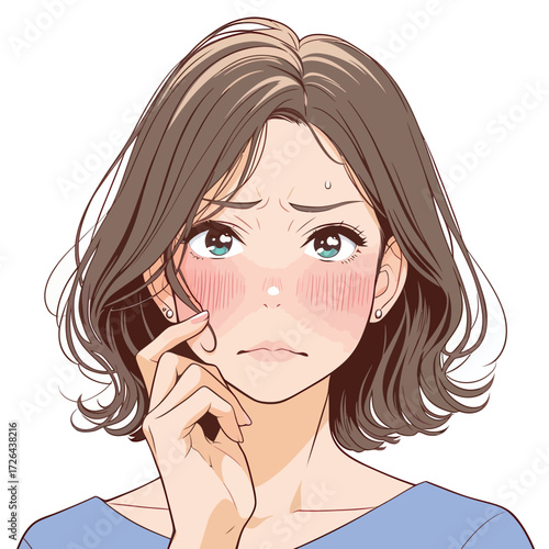 A young woman shows concern with a thoughtful look on her face. She has short, wavy hair and a slight blush, indicating her emotional state.