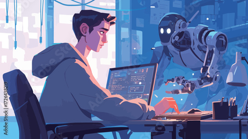 A young programmer is focused on coding in a modern workspace, while an advanced robot observes from behind. Bright lights enhance the atmosphere of technology.
