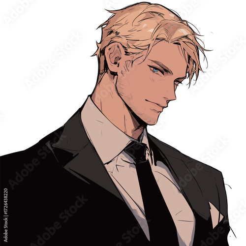 A confident man with blonde hair wears a classic black suit and white shirt. His expression is charming and relaxed, making a bold style statement.
