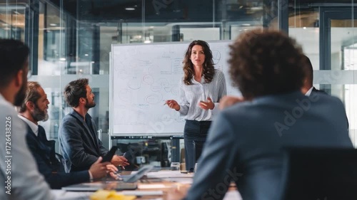 Leadership in Action: A confident businesswoman leads a dynamic brainstorming session with her team, fostering collaboration and driving innovative ideas in a modern, professional environment.