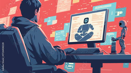A person sits at a desk, focused on a computer that displays a robot interface. A small robot figure stands nearby, adding to the tech atmosphere.