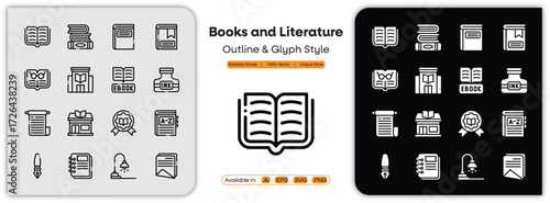 Books and Literature outline & glyph icons set with editable stroke, featuring open book, closed book, library, bookmark, reading, novel, study, knowledge, education, storytelling illustration