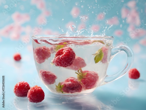 Raspberry water in light cup with floating berries, soft white scene and free zone top