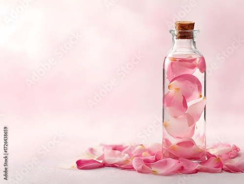Rose water in spa bottle with petals, clean background and upper space for gentle message