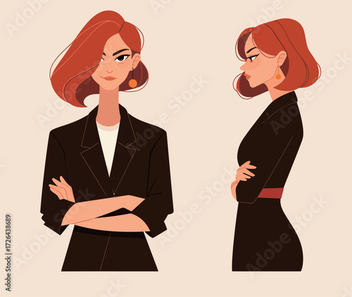 A confident woman stands in two poses, showcasing her stylish short hair and modern outfit. She has a bold expression and exudes self-assurance.