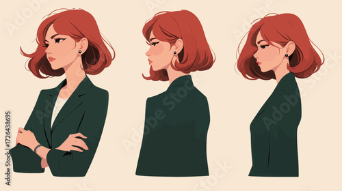 A confident woman with vibrant red hair is showcased in three different side profiles. She wears a green blazer and displays a calm demeanor. The background is a light color.