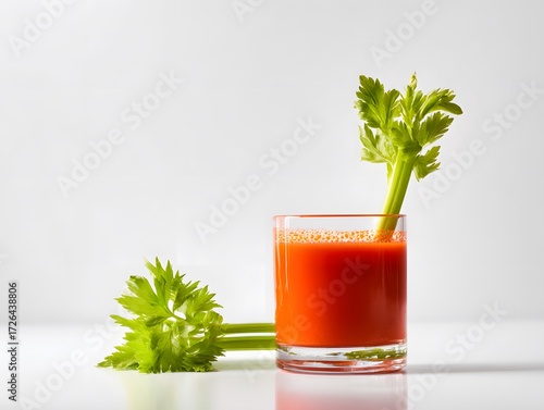 Tomato juice in short glass with celery stalk, minimal background and upper left blank