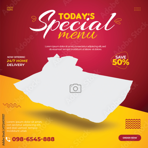 Delicious food special menu offer with fried shrimp and french fries presented on a vibrant background