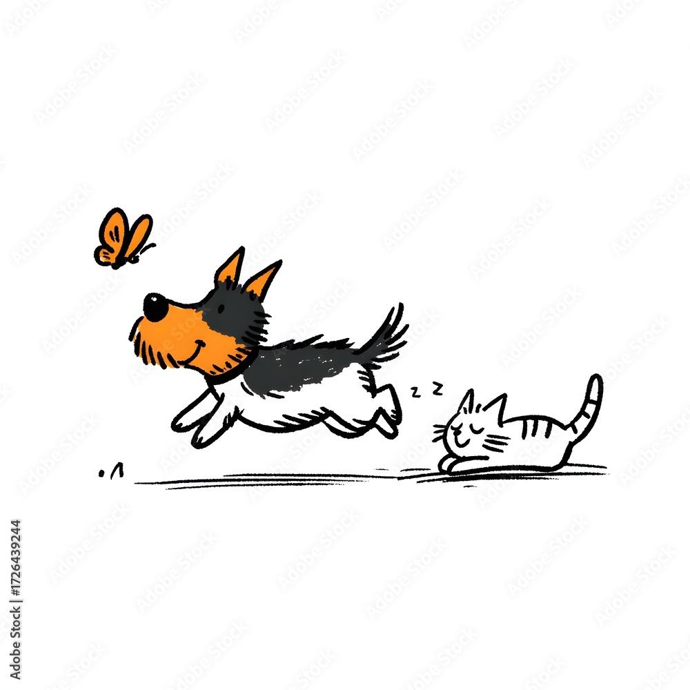 Naklejka premium Dog chasing butterflies while cat takes a nap, silly playful cartoon logo, white background, no text
