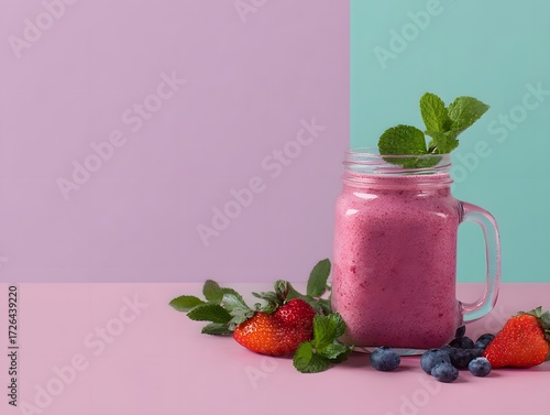 Berry smoothie with mint garnish in mason jar, pastel backdrop, and open space for message or branding.