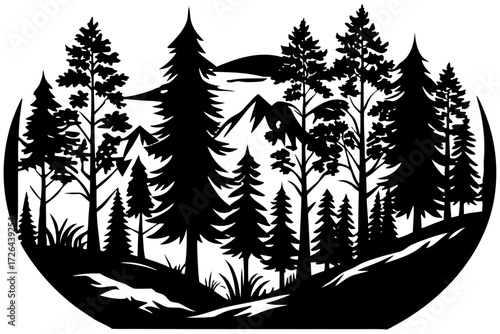 Vector art of silhouette of a mountain landscape with pine trees
