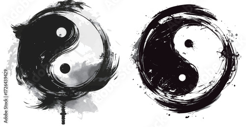 Two yin yang symbols are shown, each with unique black and white designs. The left symbol has softer lines, while the right one displays more dynamic brush strokes and splashes.