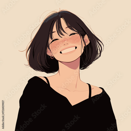 A young woman with short hair smiles brightly while wearing a simple black top. Her joyful expression radiates happiness and warmth. The background is soft and neutral.
