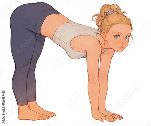 A young woman performs a forward bend stretch in a yoga class. The room is bright, enhancing her focus and flexibility during the exercise session.