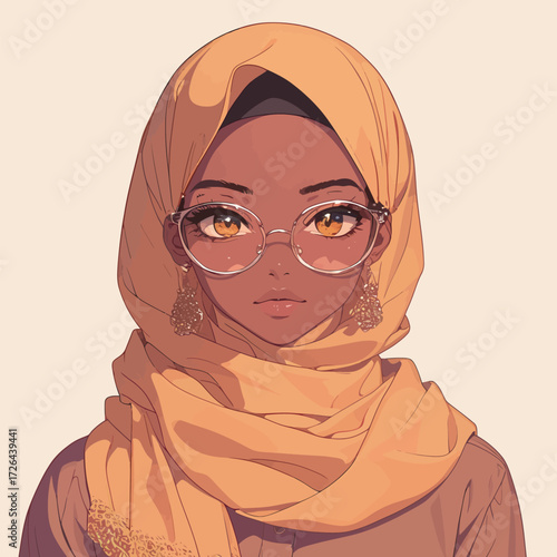 A young woman is depicted with a yellow hijab draped elegantly around her neck. She wears stylish glasses and has striking amber eyes. Her expression is thoughtful and serene.