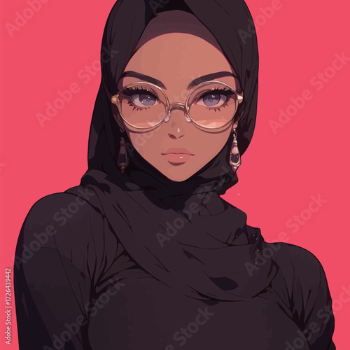 A young woman wearing a black hijab and fashionable glasses poses confidently. Her expressive eyes and striking features highlight her unique style against a bright pink backdrop.