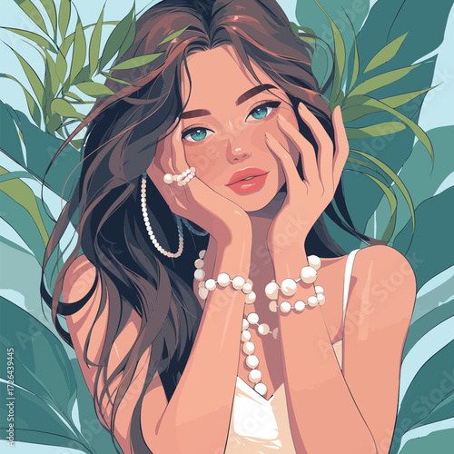 A young woman with long, flowing hair poses gracefully among green tropical leaves. She wears multiple pearl accessories, highlighting her beauty and style.