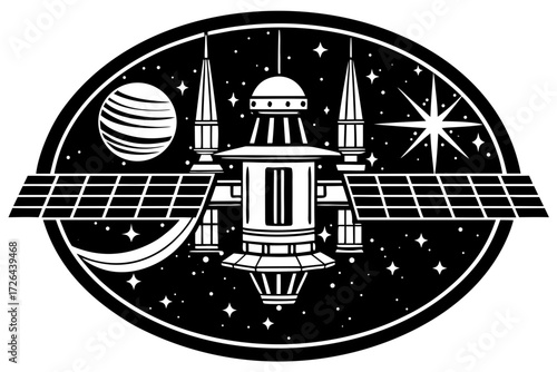 Vector art of black and white vector illustration of a space station