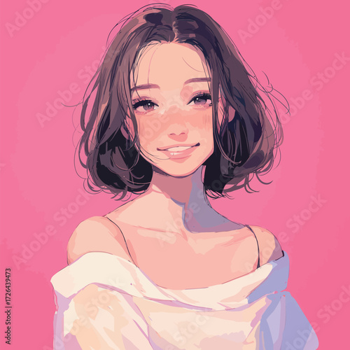 A young woman with short, wavy hair smiles brightly while wearing a light garment. The backdrop is a lively pink, enhancing her cheerful expression.