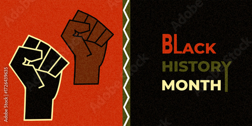 A colorful Black History Month poster featuring a raised fist symbol, an African pattern, a textured background. Perfect for holiday, education, culture, unity, heritage designs. Vector illustration