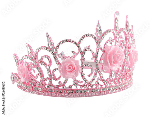 Side-Angled Pink Tiara Crown with Rose Motif and Swirling Vines, Highly Detailed, isolated on transparent background PNG