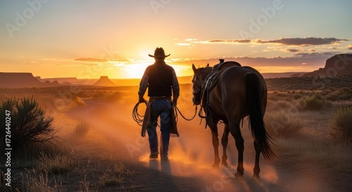 A cowboy walking with his horse on a dirt road at sunset.