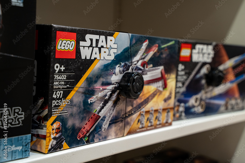 Fototapeta premium Lego Star Wars series boxes on store shelf. Toronto, Canada - September 24, 2025.