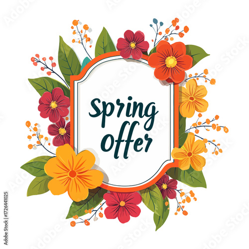 A vibrant "Spring Offer" banner framed by colorful flowers and foliage, on a white background. Ideal for blogs on sales, promotions, spring events, or seasonal marketing.