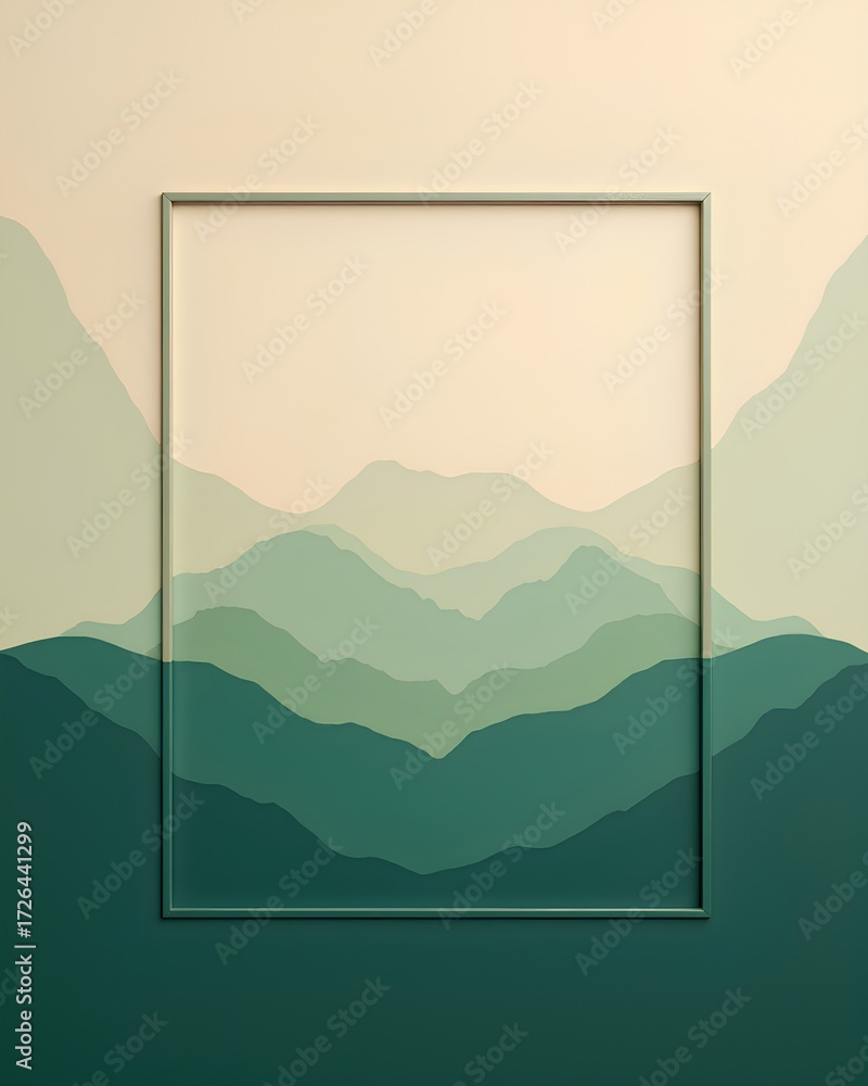 Fototapeta premium A square picture frame on a wall with a minimalist green mountain range mural. A modern and natural background for art or text.