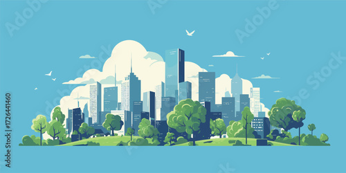 A vibrant city skyline features tall buildings and lush green trees under a clear blue sky filled with clouds and birds. The scene captures a lively urban atmosphere.