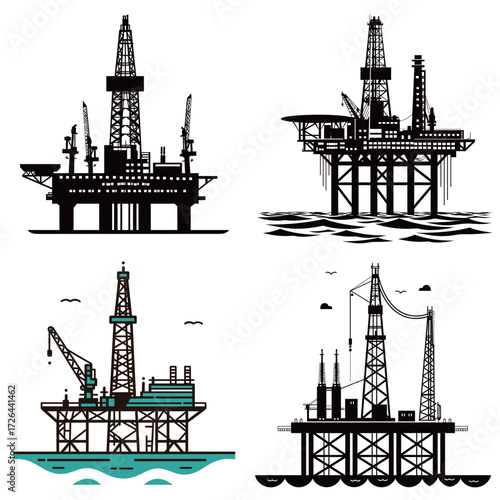 Four distinct oil drilling rigs are depicted in a creative style, highlighting their details and structures against a simple background. Each rig features a unique design.