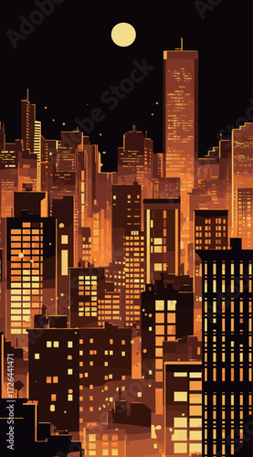 A stunning city skyline illuminated by warm orange hues under a bright moon. Tall buildings create a dramatic silhouette against the night sky.