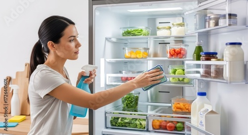 A woman cleaning a refrigerator with a cloth and spray bottle.