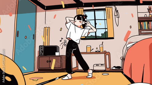 A person dances happily in a colorful living room with sunlight streaming through the window. The space is lively with bright decor and playful elements.