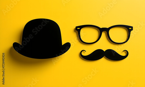 Black hat, glasses, and mustache on bright yellow backdrop, top view.