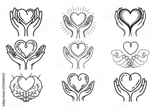Heart in palms line art vector, Heart in palms Icon