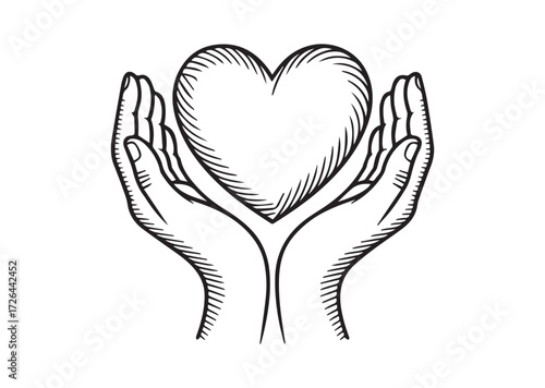 Heart in palms line art vector, Heart in palms Icon