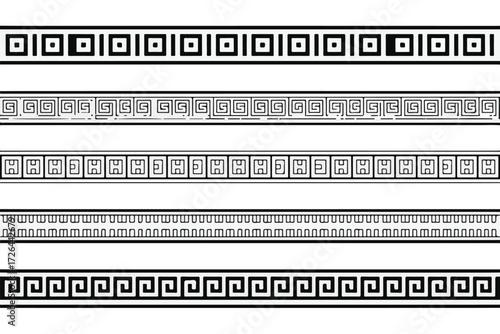 A collection of ancient Greek key meander patterns for design. Set of seamless geometric ornamental borders and classic frieze elements for decoration