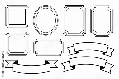 A versatile collection of classic black outline frames and elegant ribbon banners, isolated vector set for labels, invitations, and badges