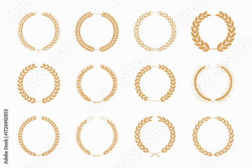 Collection of Golden Laurel Wreaths Symbolizing Achievement, Victory, and Recognition Isolated on White Background for Graphic Design Elements