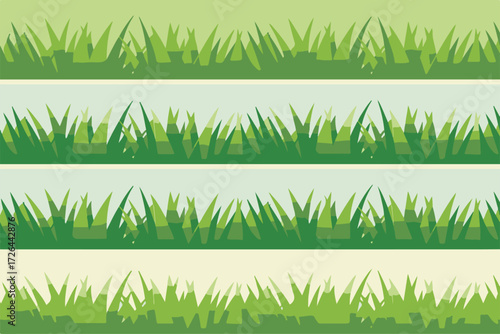 Seamless vibrant green grass borders and horizontal dividers, offering a fresh natural design element for spring, garden, and environmental themes in a dynamic landscape illustration