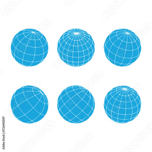 Set of six blue wireframe globe icons showing different angles of a gridded planet earth model. 3D vector illustration of global spheres with latitude and longitude lines